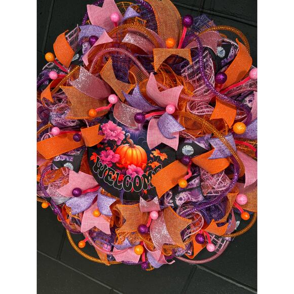 Fall Wreath For Front Door Halloween Pumpkin Orange Pink Purple Handmade 24 inch - Picture 5 of 7